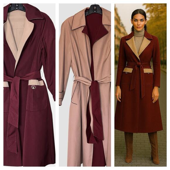 Etienne Aigner Jackets & Blazers - VTG 80s ETIENNE AIGNER WINE & TAN REVERSIBLE OPEN BELTED TRENCH COAT PETITES 12P